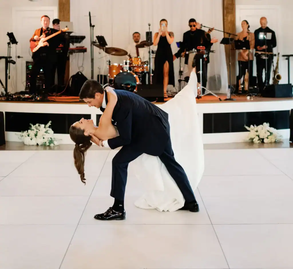 Couple's first dance with live band at Vermont wedding reception.