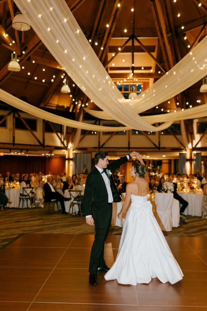 Bride and groom dancing at wedding reception in Vermont.